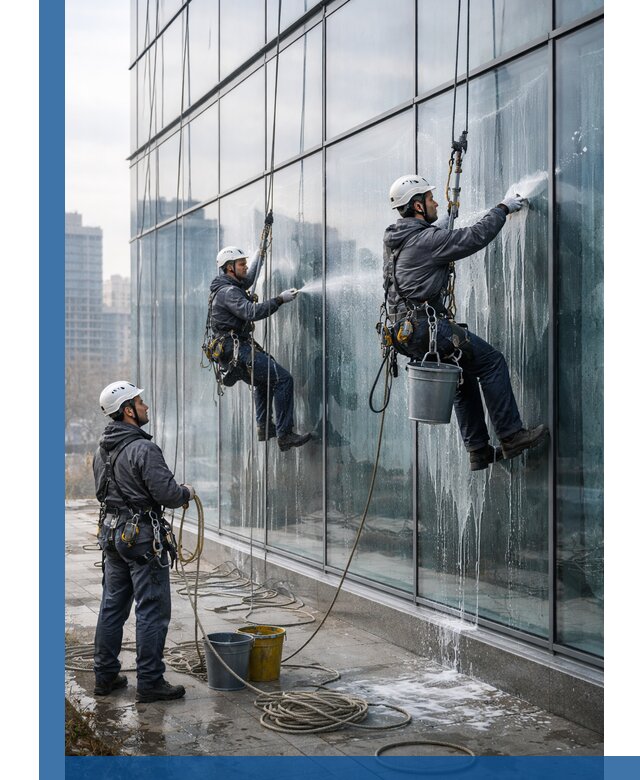 Промышленная мойка панорамных окон на высоте в Рассказове