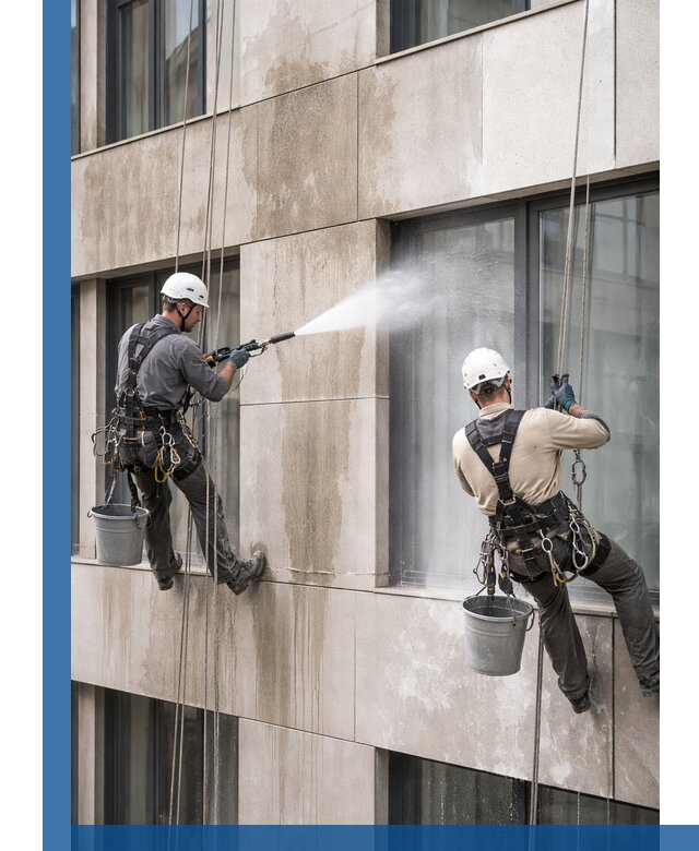 Послестроительная мойка фасада промышленным альпинизмом в Рассказове