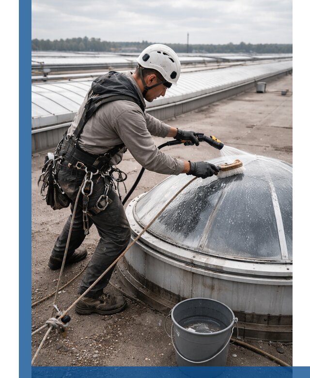 Мойка зенитных фонарей на кровле для промышленных объектов в Рассказове