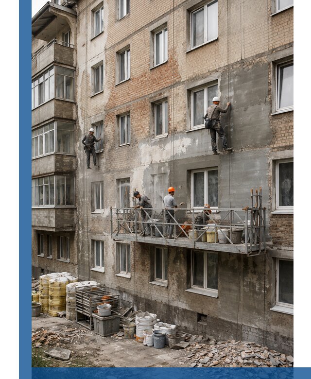 Капитальный ремонт фасада в Рассказове с восстановлением и гидроизоляцией