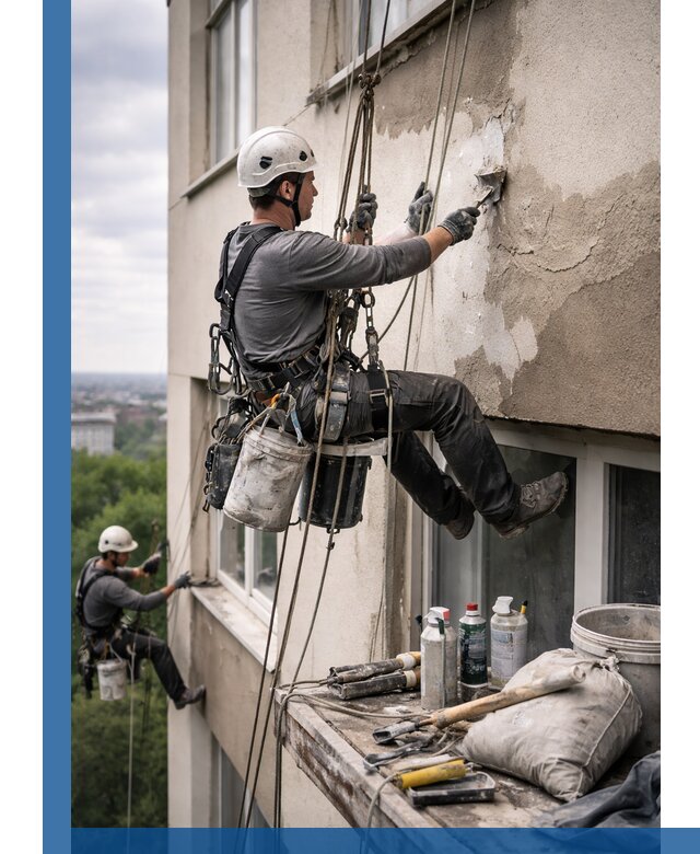 Косметический ремонт фасада зданий в Рассказове промышленными альпинистами