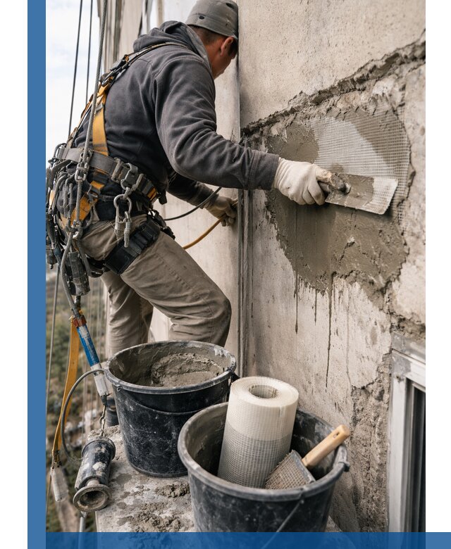 Ремонт бетонных элементов фасада промышленными альпинистами в Рассказове