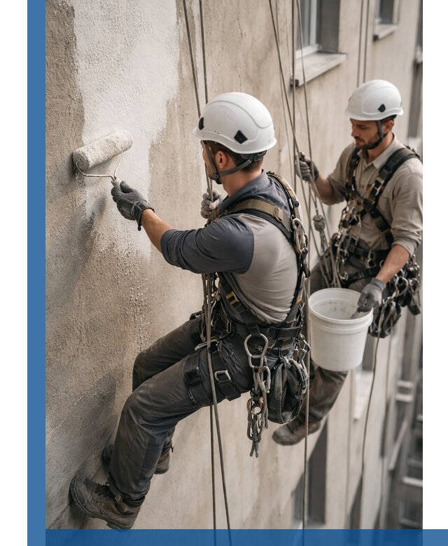 Грунтовка фасада на высоте в Рассказове промышленными альпинистами