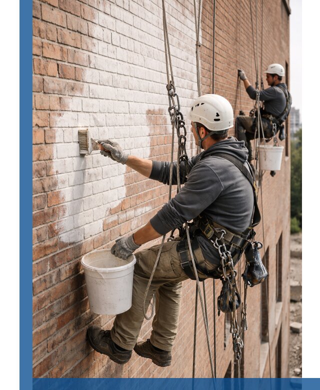 Покраска кирпичного фасада с доступным альпинистским сервисом в Рассказове