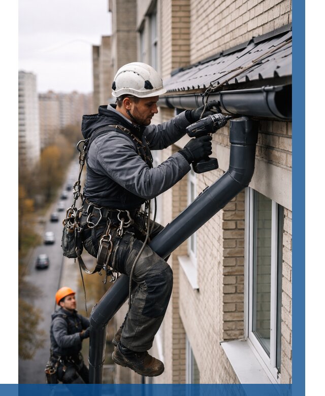 Монтаж водосточной системы на здании в Рассказове от 5108 р. | ВЫСОТНИК-Рсз