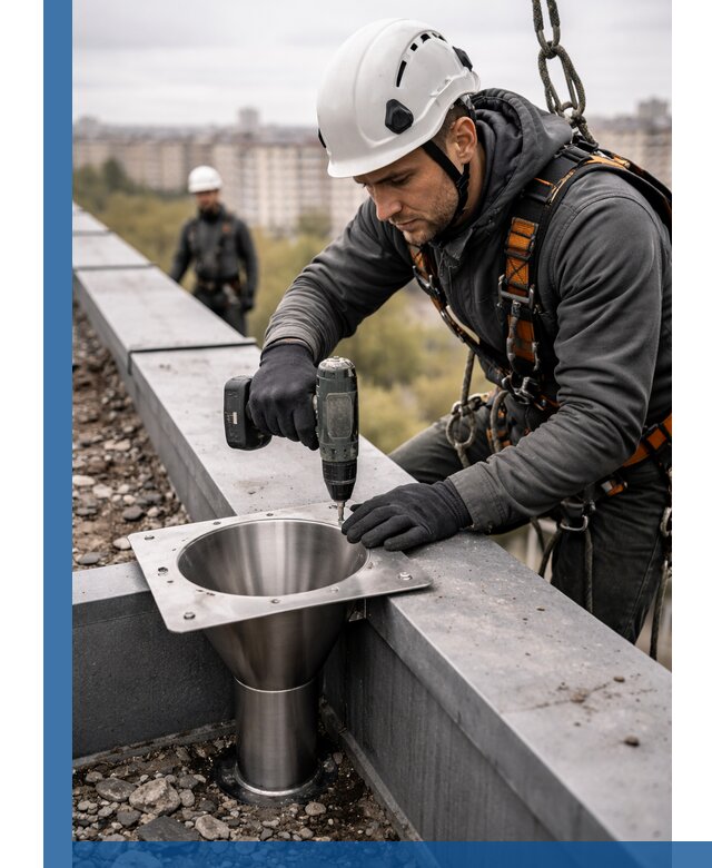 Монтаж водосточных воронок в Рассказове для промышленных зданий