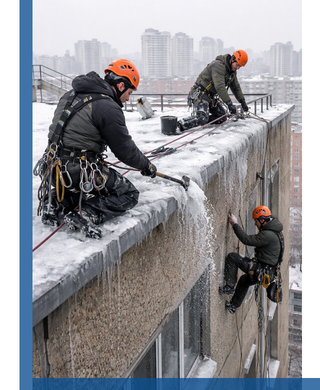 Удаление наледи с кровли в Рассказове промышленными альпинистами