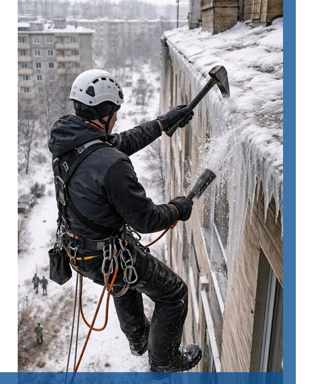 Сбивание сосулек с крыши в Рассказове по цене от 4597 р. | ВЫСОТНИК-Рсз