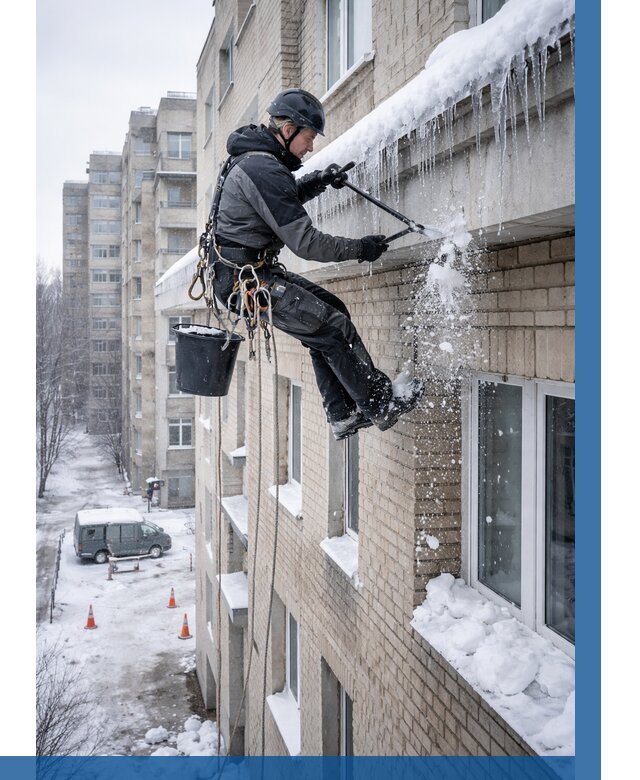 Удаление наледи с карнизов в Рассказове от 358 р. | ВЫСОТНИК-Рсз