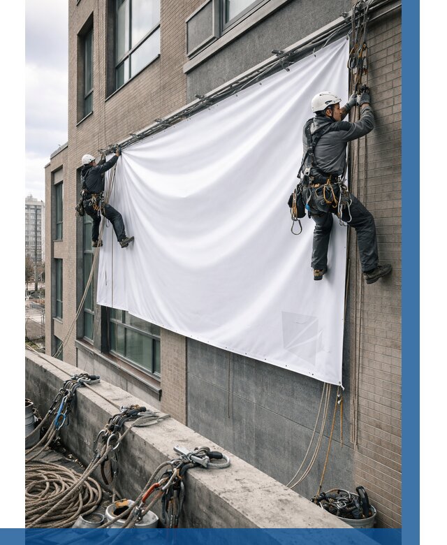 Монтаж баннеров на фасаде в Рассказове от 664 р. заказать ВЫСОТНИК-Рсз