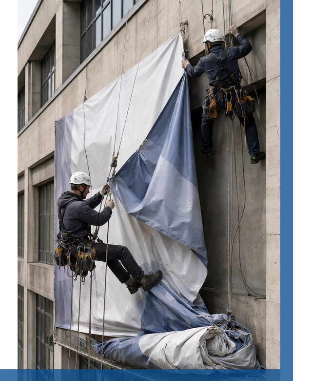 Демонтаж баннеров с фасада в Рассказове от 4597 р. | ВЫСОТНИК-Рсз