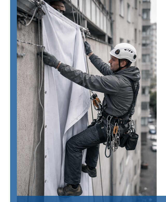 Замена баннерного полотна промышленными альпинистами в Рассказове