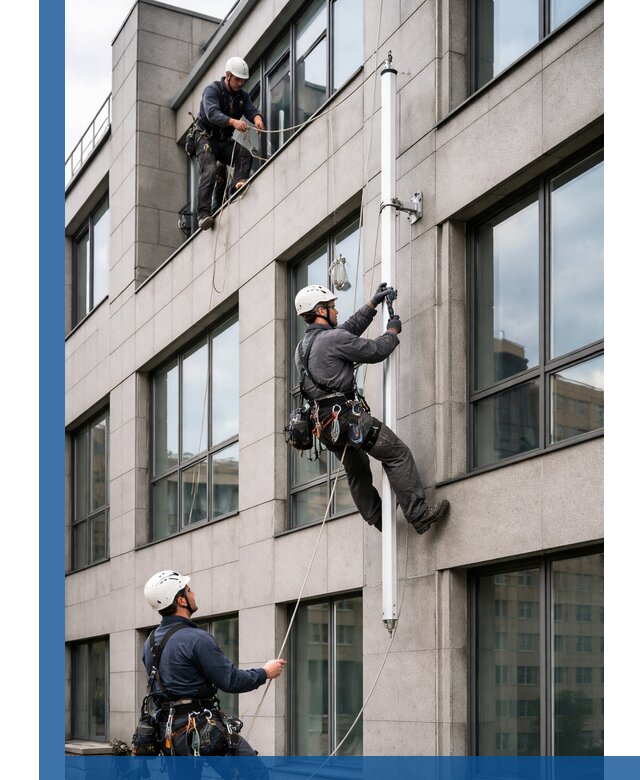 Монтаж флагштока на фасаде здания с креплением и герметикой в Рассказове