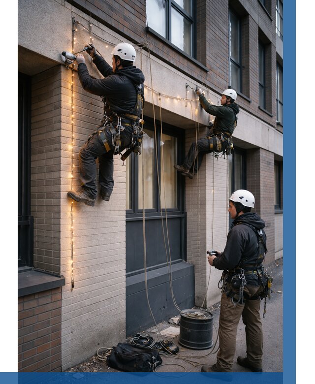 Монтаж гирлянд на фасаде в Рассказове от 3575 р. | ВЫСОТНИК-Рсз