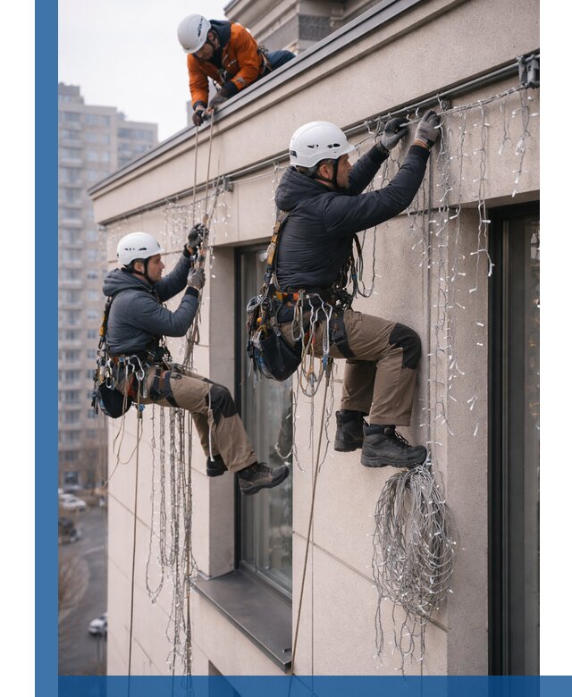 Монтаж праздничных гирлянд на фасаде в Рассказове для зданий