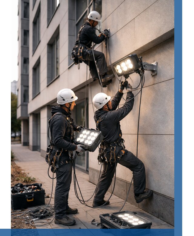 Монтаж прожекторов на фасаде в Рассказове от 7661 р. | ВЫСОТНИК-Рсз