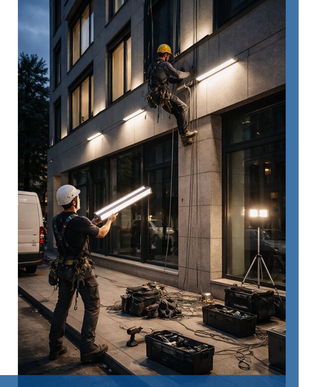 Монтаж архитектурной подсветки здания в Рассказове от 2554 р.|ВЫСОТНИК-Рсз