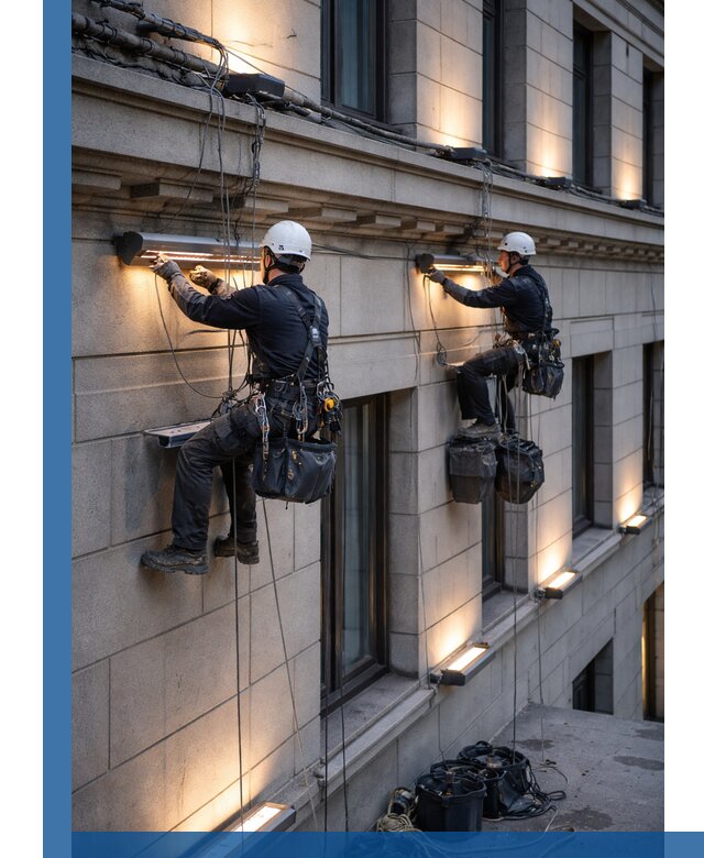 Монтаж архитектурной подсветки фасадов зданий в Рассказове