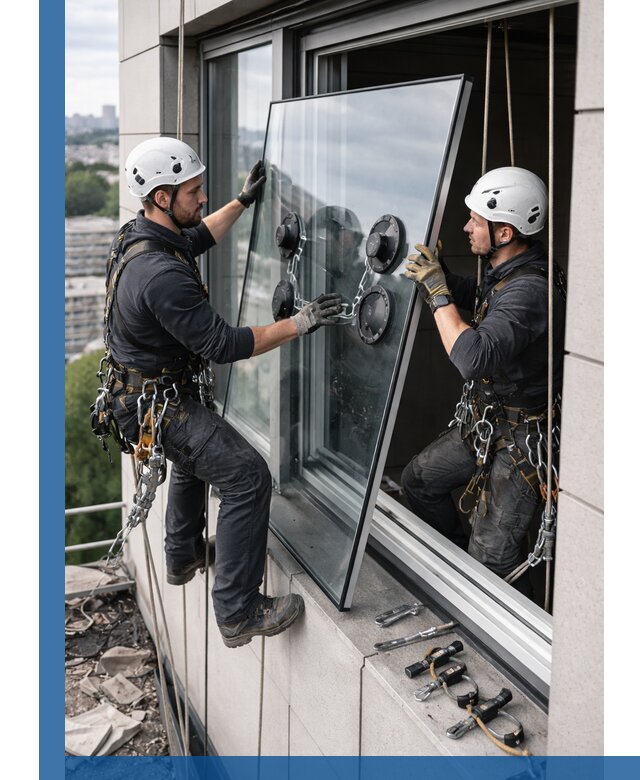 Замена стеклопакетов на высоте с промышленными альпинистами в Рассказове