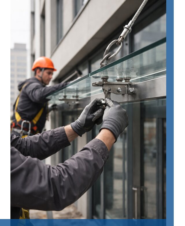 Монтаж стеклянных козырьков в Рассказове от 8683 р. | ВЫСОТНИК-Рсз