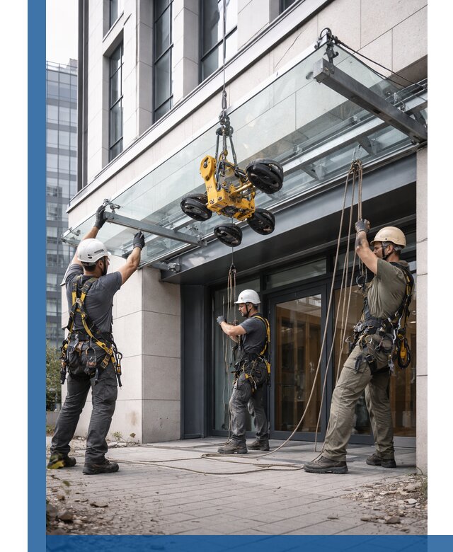 Монтаж стеклянных козырьков под ключ в Рассказове для зданий