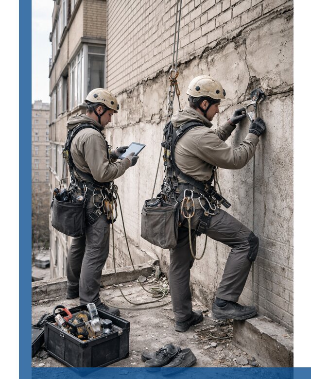 Обследование фасада промышленными альпинистами в Рассказове